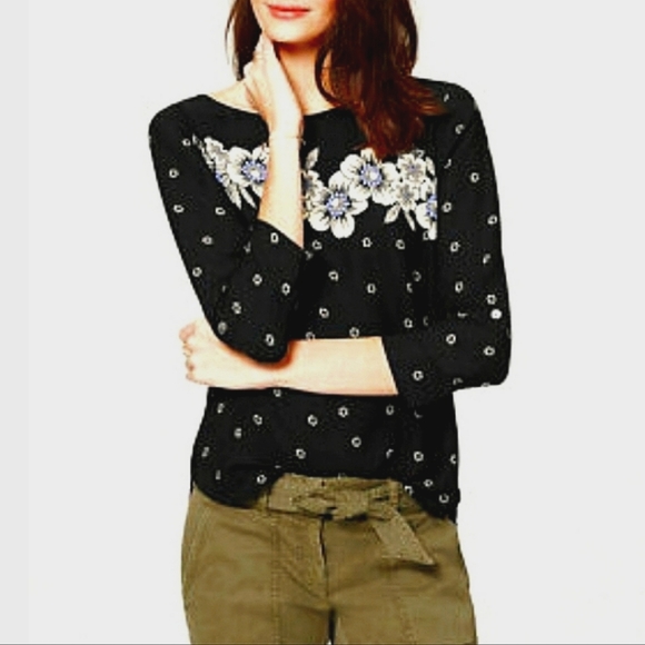 LOFT Tops - Ann Taylor LOFT Floral Black White & Blue Long Sleeve Blouse